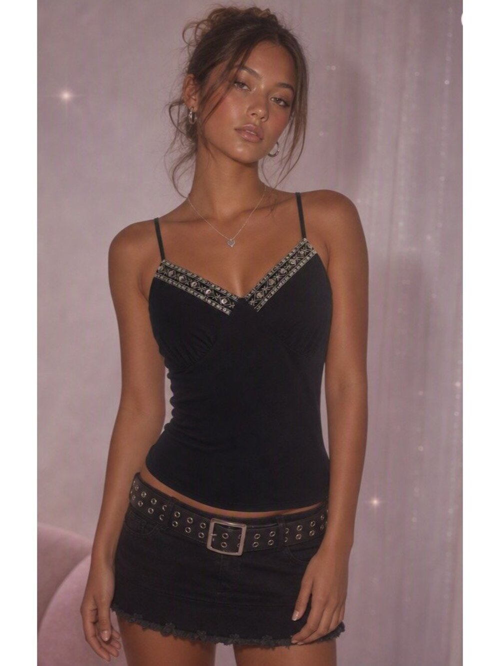 Vtg Y2K Black Camisole Embroidered Beaded Baby Doll Top Boho Fairy Exhiliration
